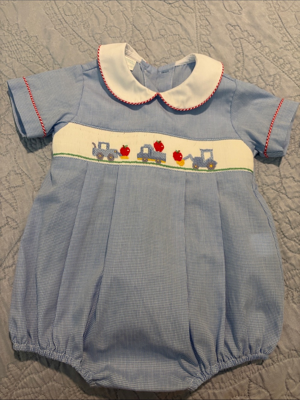Edgehill Collection Light Blue Smocked Tractor Apple One-Piece